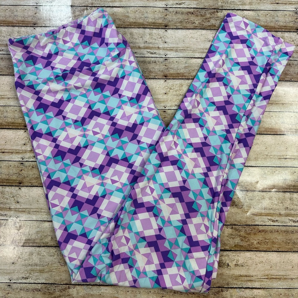 Geometric Purple Teal White Leggings (TC2 18+ LuLaRoe LLR) abstract retro mosaic - Picture 2 of 8